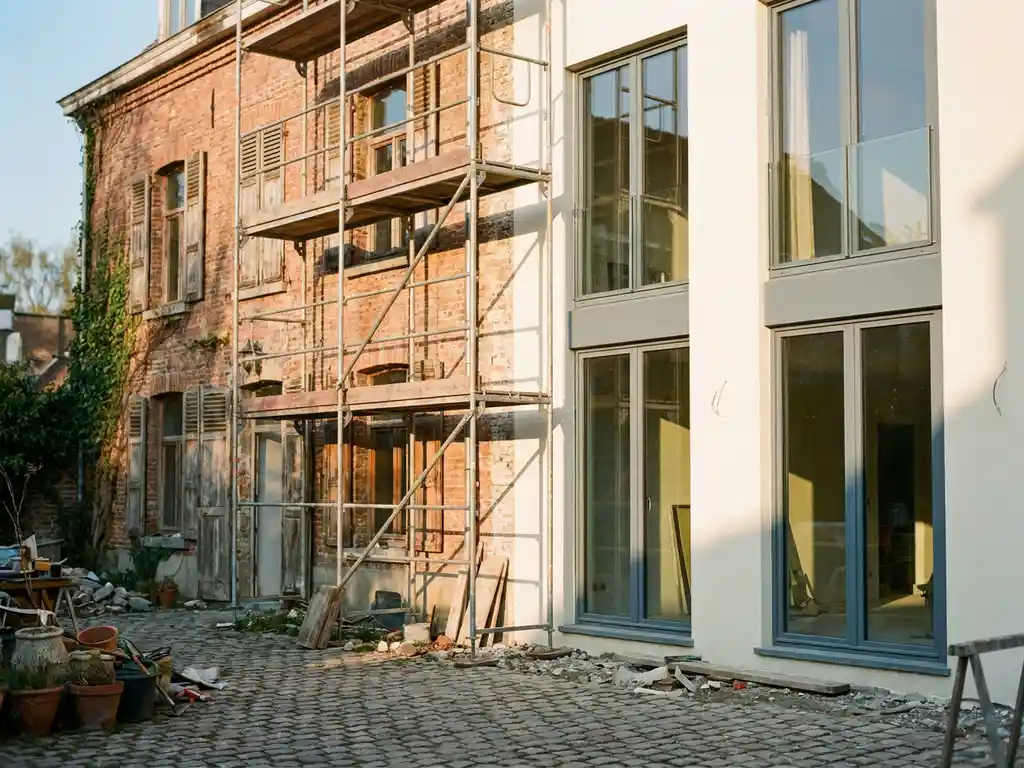 Half gerenoveerde hotelgevel met verweerde bakstenen en moderne raampartijen, gescheiden door steigers, op een kasseien binnenplaats in gouden middaglicht.