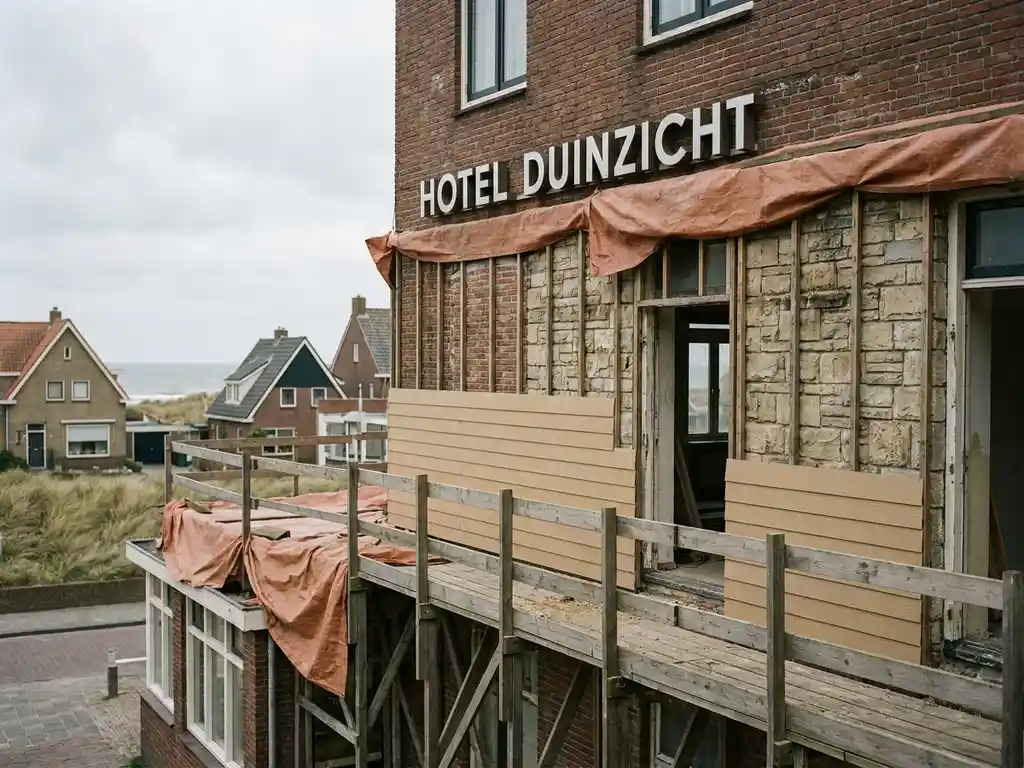 Verouderde hotelfaçade in renovatie met steigers, contrast tussen moderne panelen en origineel metselwerk, kuststad op de achtergrond.