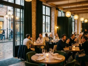 Sfeervol hotelrestaurant met vloer-tot-plafond ramen op een kasseienstraat, gedekte tafels en gasten bij warm goudgeel licht.