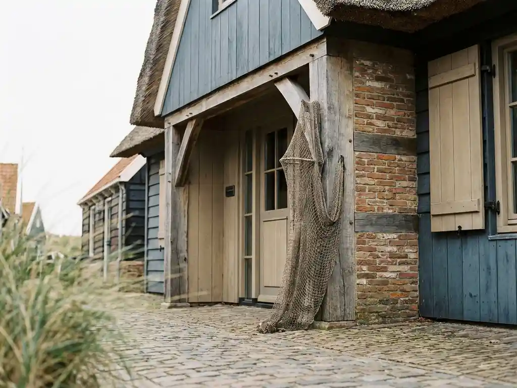 Verwerkt houten hotelpand in Zeeuws kustdorp met rietdak, lokale baksteen en decoratief visnet bij de ingang.