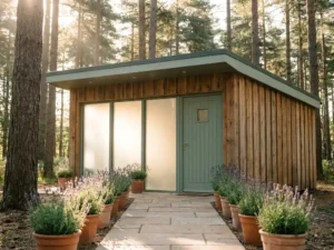 Moderne campingdouches met houten bekleding en matglazen panelen tussen dennenbomen, omzoomd door lavendel op een stenen pad.