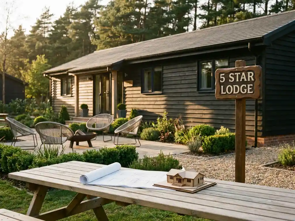 Gerenoveerde campinglodge met houten bekleding en sterrenklassering, omgeven door verzorgd groen en moderne buitenmeubelen in gouden middaglicht.