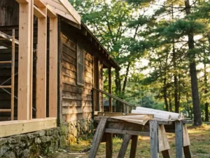 Verouderd houten campingreceptiegebouw in renovatie met nieuw houtskelet, architectentekeningen op een zaagbok, groene campingbomen op de achtergrond.