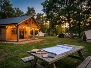 Nieuw gebouwd houten horecagebouw aan de rand van een groene camping bij schemerlicht, met terraslichten, tenten en bouwtekeningen op picknicktafel.