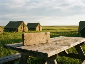 Vergunningsdocument van hout op picknicktafel bij Nederlandse camping met canvas tenten op groen gras in gouden middaglicht.