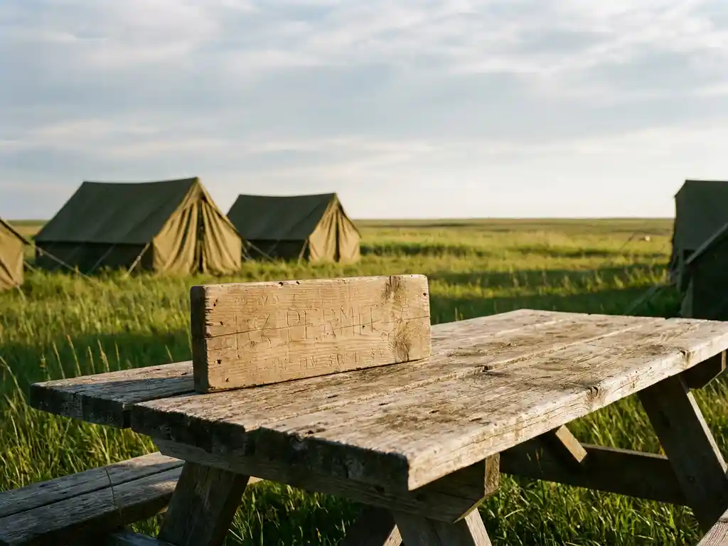 Vergunningsdocument van hout op picknicktafel bij Nederlandse camping met canvas tenten op groen gras in gouden middaglicht.