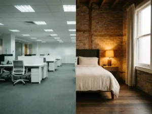 Kantoorvloer die naadloos overgaat in een warme hotelkamer met linnen beddengoed, bakstenen muur en amberkleurig lamplight.