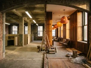Kantoorgebouw in verbouwing: links kale betonvloeren met tl-verlichte kantoorruimte, rechts warme hotellobby met houten panelen en hanglampen.