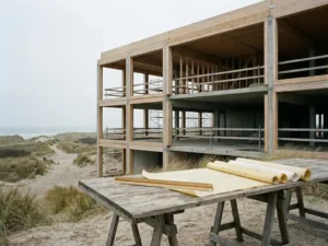 Halfgebouwd kusthotel in Nederland met zichtbaar houtskelet en betonvloeren, architect liniaal en blauwdrukken op bouwplaatstafel.