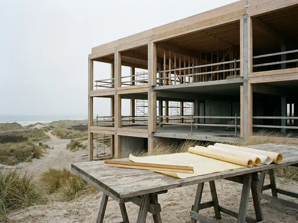 Halfgebouwd kusthotel in Nederland met zichtbaar houtskelet en betonvloeren, architect liniaal en blauwdrukken op bouwplaatstafel.