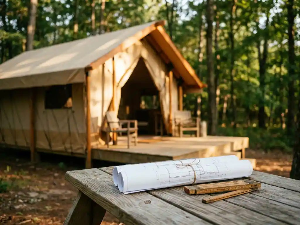 Luxe glamping tent met canvas wanden en houten terras tussen hoge bomen, met architectuurschetsen en houten liniaal op verweerde dennentafel.