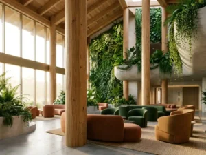 Luxe hotellobby met biofiele groene wanden, houten zuilen en organisch meubilair in terracotta en bosgroen, overspoeld met gouden daglicht.
