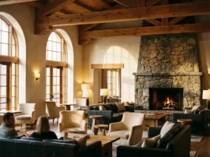 Luxe hotellobby met handgemaakte houten dakbalken, stenen open haard en ambachtelijk meubilair in warme amber- en crèmetinten.