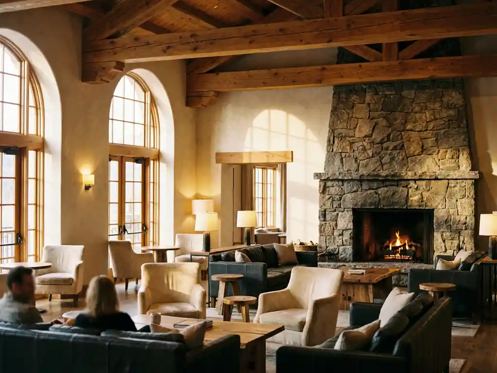 Luxe hotellobby met handgemaakte houten dakbalken, stenen open haard en ambachtelijk meubilair in warme amber- en crèmetinten.
