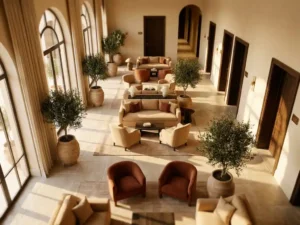 Bovenaanzicht van een luxe hotellobby met pluche zithoeken, olijfbomen en warme stenen vloer in terracotta- en ivoor tinten.