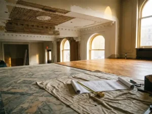 Versleten marmeren vloer grenst aan nieuw gelegd visgraatparket tijdens renovatie van een elegante hotellobby, met architectuurtekeningen op een stoffig afdekzeil.