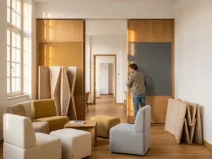 Modulaire hotelkamer met verschuifbare scheidingswanden, stapelbare stoelen en eikenhouten vloer in warm middaglicht.