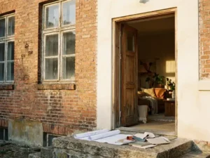 Verweerd bakstenen gebouw half gerenoveerd tot vakantieappartement, met blueprints op de stoep in warm middaglicht.