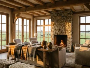 Rustieke farmhouse interieur met stenen haard, eikenhouten balken en gouden avondlicht door hoge ramen met zicht op Nederlands polderlandschap.
