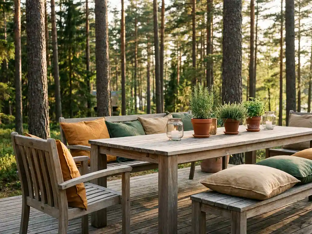 Rustiek houten terras met verweerde teakhouten meubels en linnen kussens tussen dennenbomen, kruiden en lantaarns in gouden middaglicht.