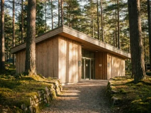 Moderne sanitairgebouw op een camping tussen hoge pijnbomen, met houten gevelbekleding en grindpad in middagzon.