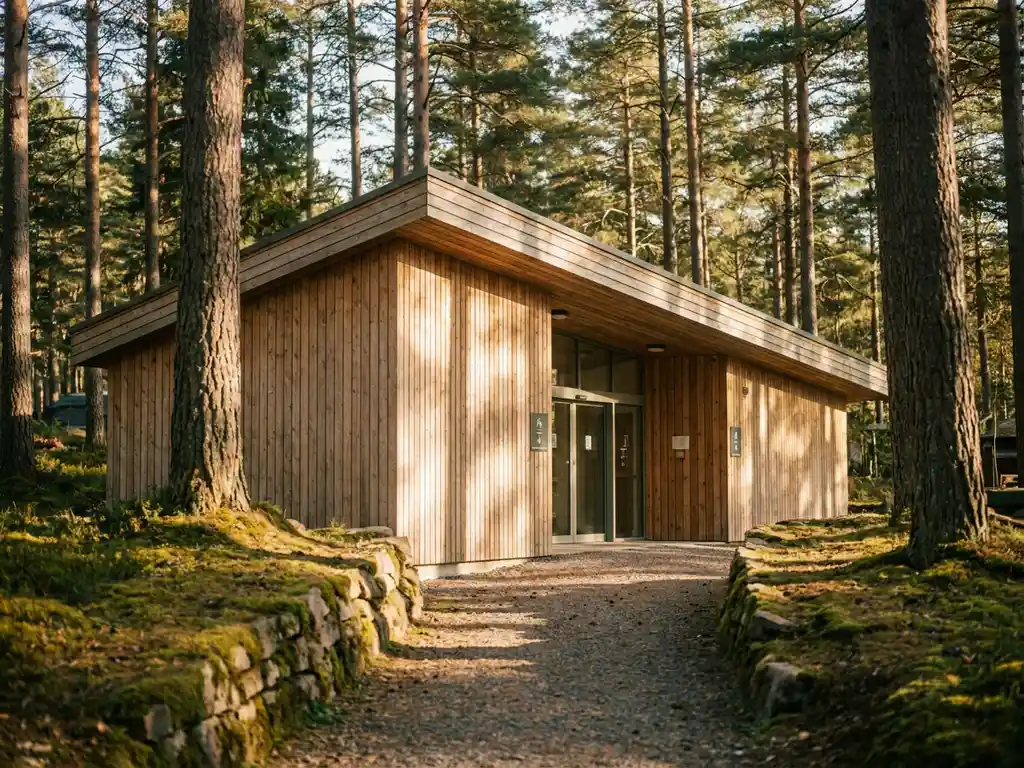 Moderne sanitairgebouw op een camping tussen hoge pijnbomen, met houten gevelbekleding en grindpad in middagzon.