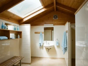 Licht sanitairgebouw op camping met houten plafond, witte tegels en daglicht via matglazen dakraam.