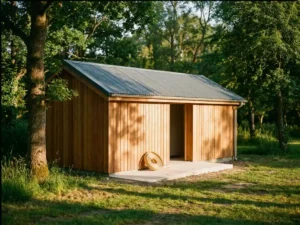 Nieuw sanitairgebouw op camping met houten gevelbekleding en golfplaten dak, omgeven door groen gras en bomen, houten meetlint op betonnen drempel.