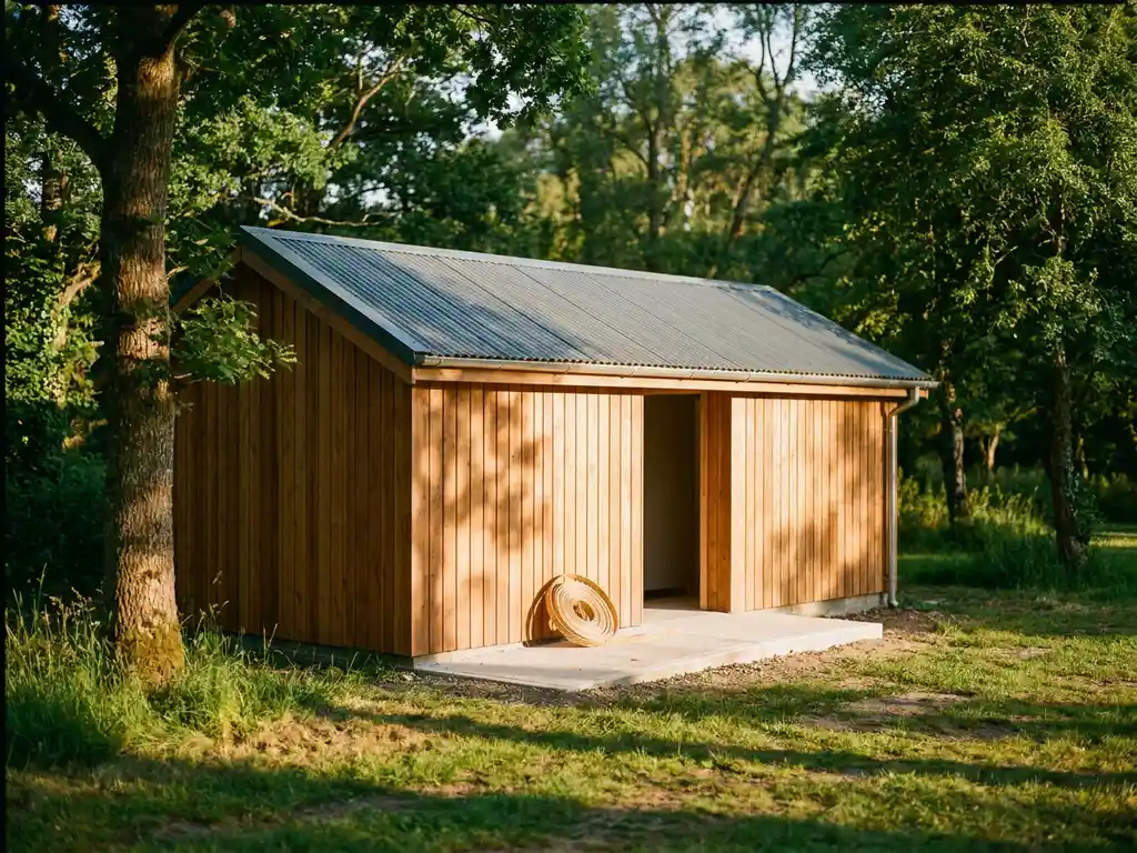Nieuw sanitairgebouw op camping met houten gevelbekleding en golfplaten dak, omgeven door groen gras en bomen, houten meetlint op betonnen drempel.