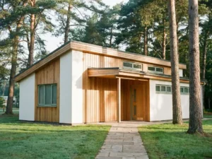 Nieuw sanitairgebouw op camping omgeven door dennenbomen, met natuurlijk houten gevelbekleding, witte muren en geplaveide toegangsweg.
