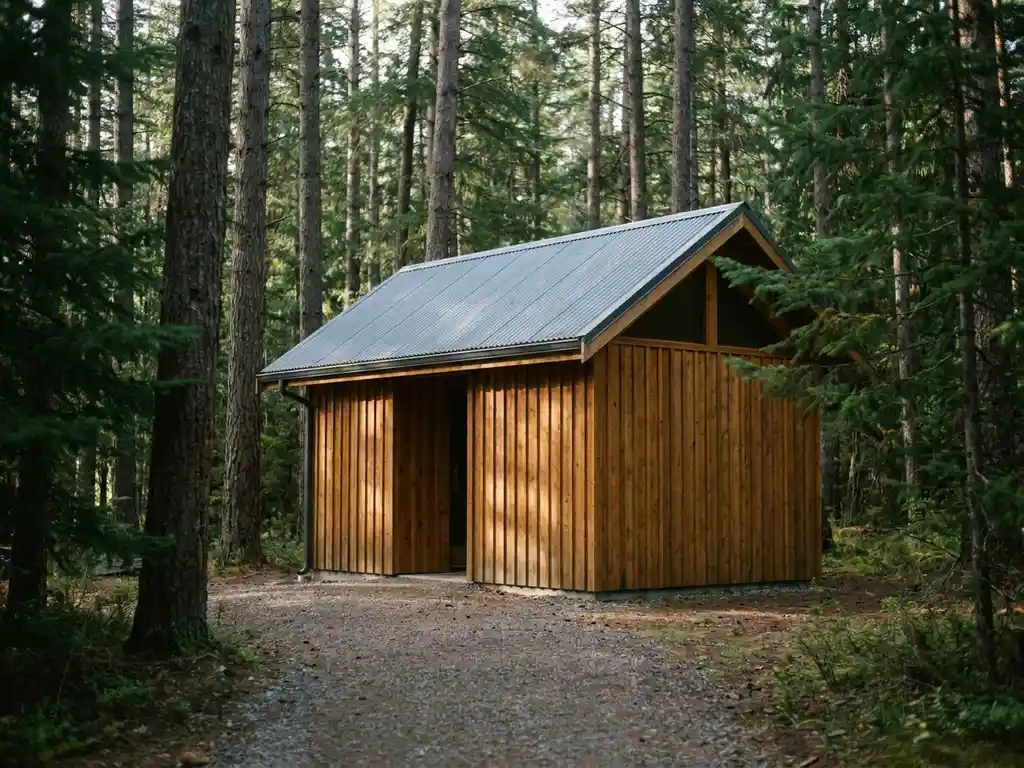 Houten sanitairgebouw met golfmetalen dak tussen dennenbomen op een camping, omringd door grind en zacht ochtendlicht.