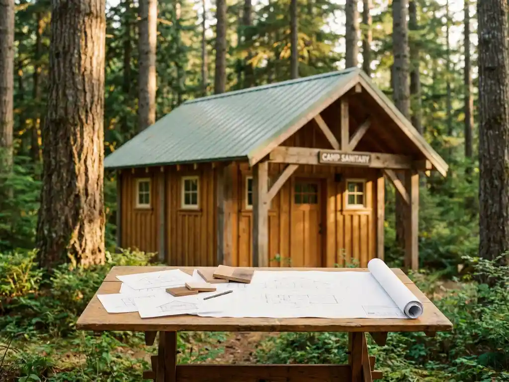 Houten sanitairgebouw op een camping omgeven door hoge pijnbomen, met architectuurtekeningen op een verlichte tekentafel op de voorgrond.