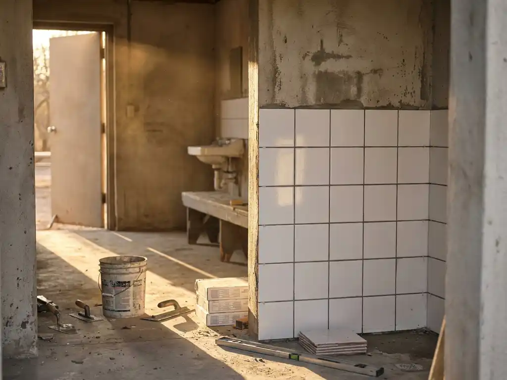Sanitairgebouw op camping in renovatie, betonnen wanden deels betegeld met witte keramische tegels, bouwgereedschap op stoffige vloer.