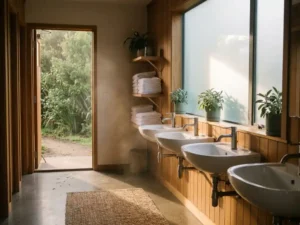Schoon sanitairgebouw op camping met houten accenten, witte wastafels en betonnen vloer, ochtendlicht door matglas ramen.