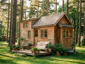 Tiny house van cederhout met puntdak tussen dennenbomen op vakantiepark, houten terras met plantenpotten in gouden middaglicht.