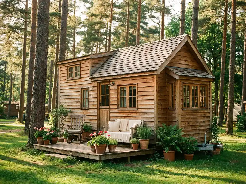 Tiny house van cederhout met puntdak tussen dennenbomen op vakantiepark, houten terras met plantenpotten in gouden middaglicht.