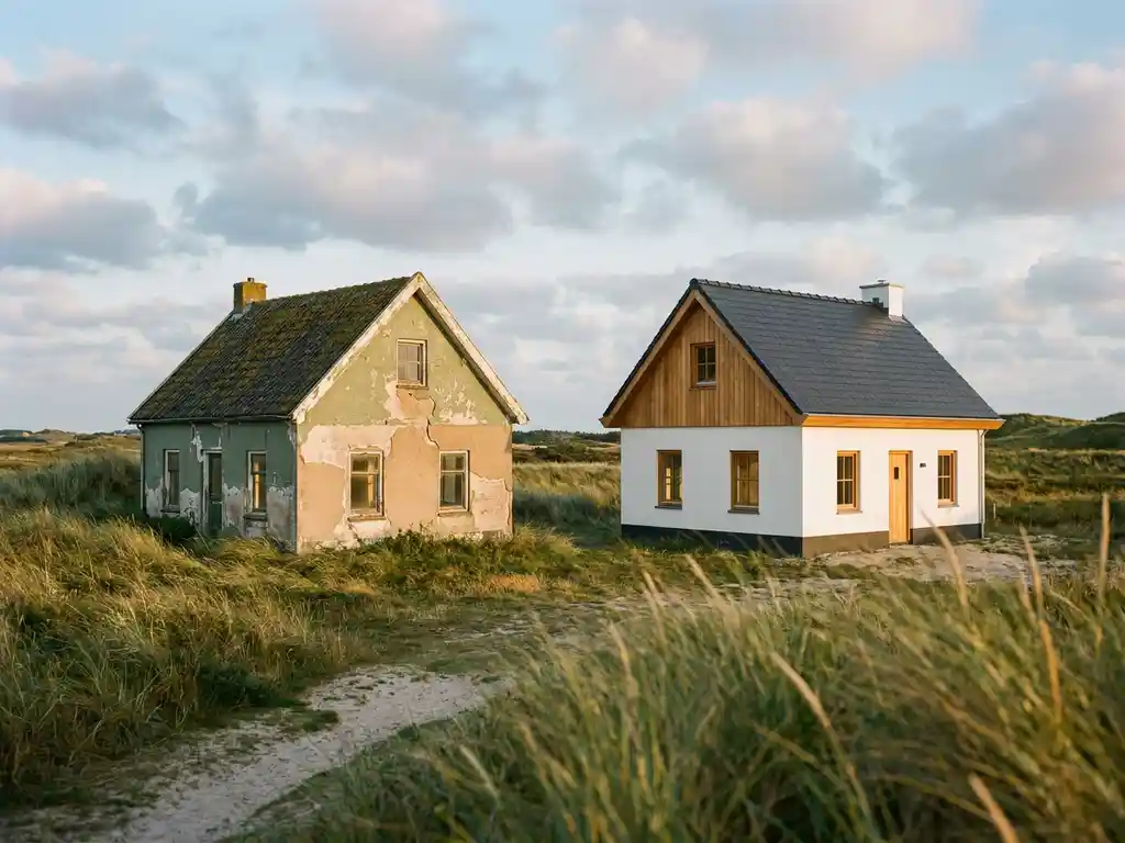 Verweerde vakantiewoning met afbladderende verf en bemoste dakpannen naast gerenoveerd identiek huisje aan de Nederlandse kust.