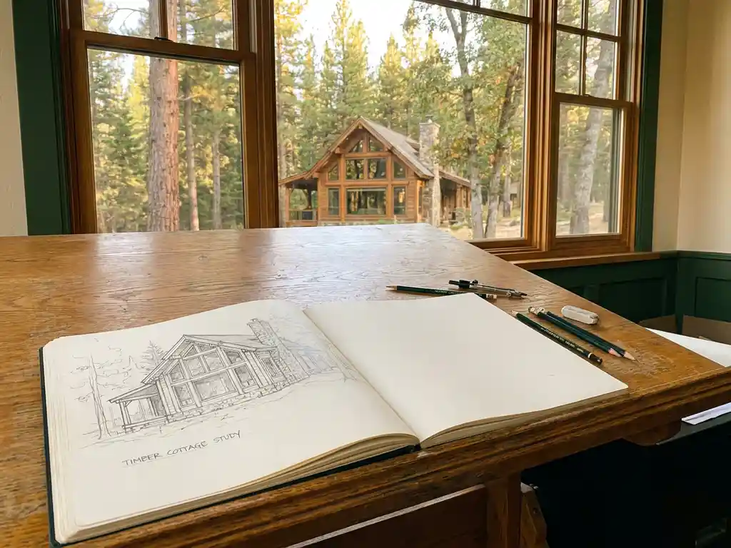 Open architectuurschetsboek met potloodtekening van een luxe houten vakantiehuisje, het echte gebouwde chalet zichtbaar door het raam op de achtergrond.