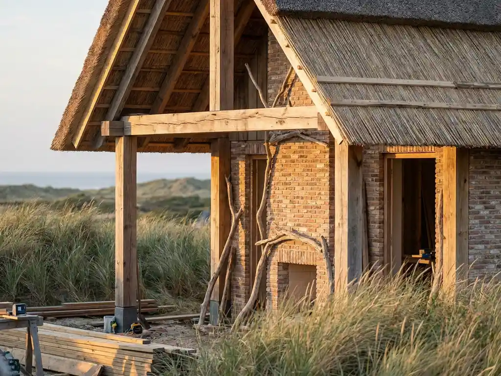 Vakantielodge in aanbouw met lokaal eikenhout, rietendak en verweerde Hollandse baksteen, omgeven door duingras in gouden avondlicht.