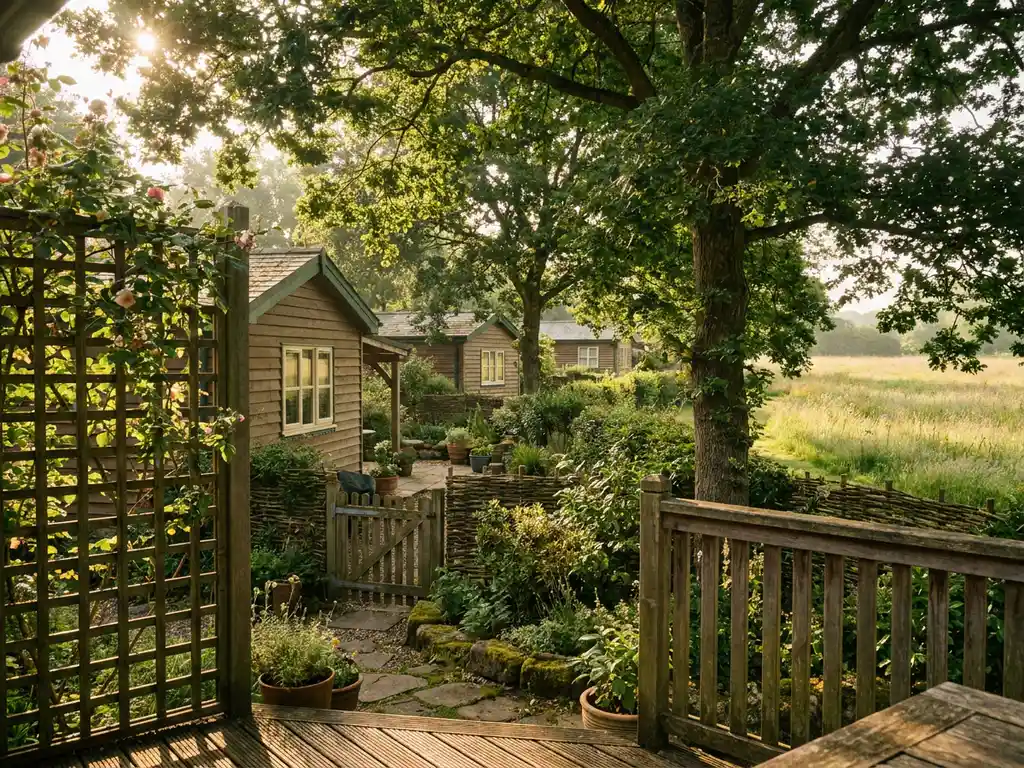 Vakantiepark-chalets tussen eiken en groene hagen, met houten latwerk, privéterrassen en een open grasveld op de achtergrond in warm avondlicht.