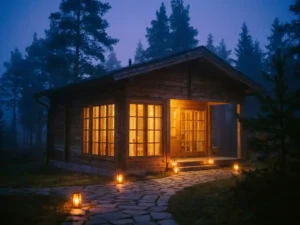 Verlicht vakantiepark chalet met warme amber gloed door houten raamkozijnen, stenen pad met grondlantaarns, omgeven door dennenbomen in blauwe schemering.