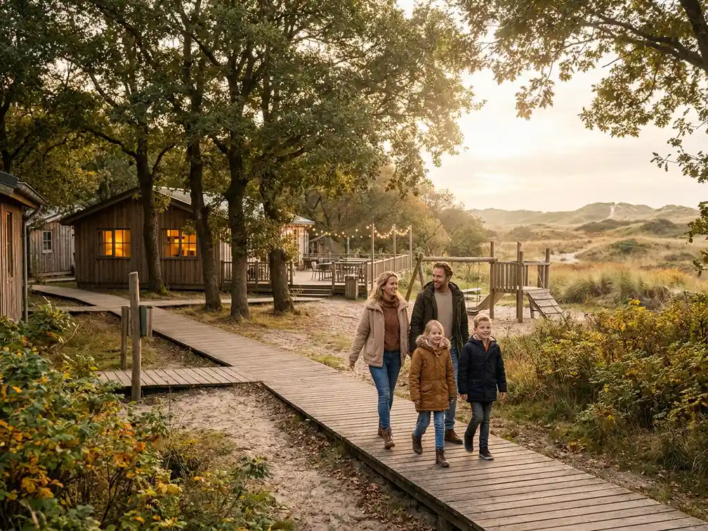 Gezin van vier op een houten boardwalk in een vakantiepark met houten huisjes, eiken en Nederlands kustlandschap op de achtergrond.