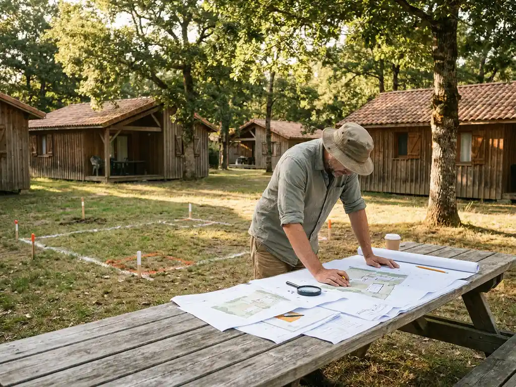 Landschapsarchitect bestudeert situatietekeningen op houten tafel in bungalowpark, omgeven door vakantiehuisjes tussen oude eiken.