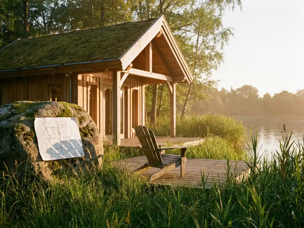 Nieuw vakantiehuisje in Nederlands recreatiepark met houten terras en stoel uitkijkend over rietomzoomd meer in gouden avondlicht.