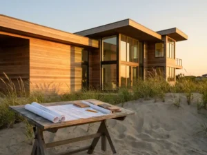 Vakantiewoning met cederhouten gevelbekleding en grote glaspartijen tussen kustduinen en helmgras, gouden uurtje belichting.