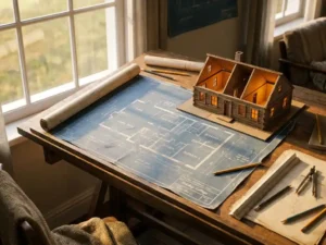 Architectonische plattegrond en schaalmodel van een vakantiehuisje op een zonnige tekentafel, met warme amber verlichting.