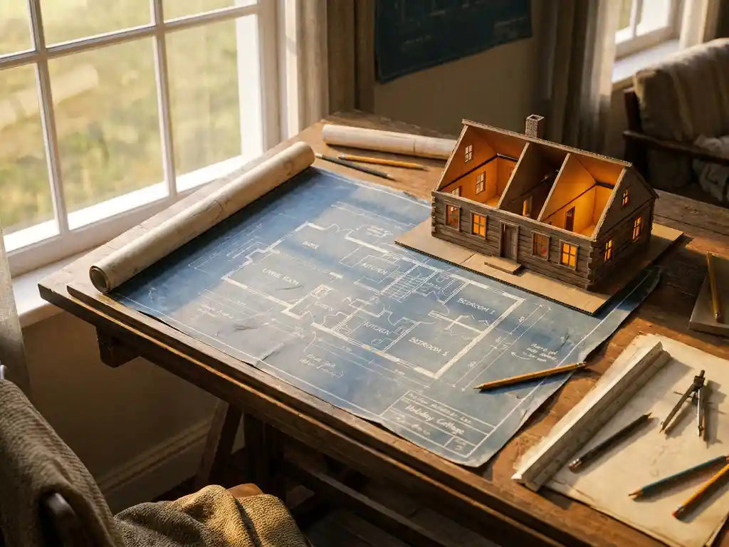 Architectonische plattegrond en schaalmodel van een vakantiehuisje op een zonnige tekentafel, met warme amber verlichting.