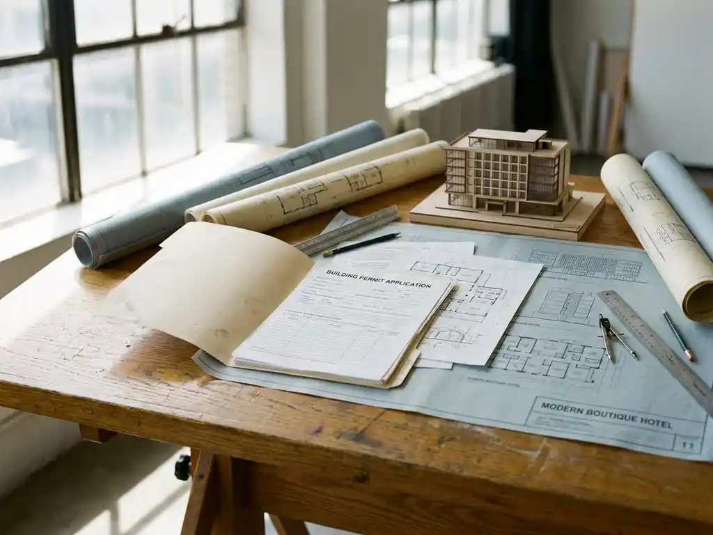 Opengevouwen bouwvergunningsdossier op een verweerde eiken tekentafel, omringd door hotelarchitectuurtekeningen en een schaalmodel van een modern hotel.