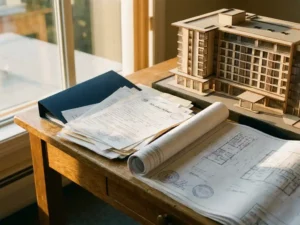 Bouwvergunningsdocumenten en architectuurplattegronden op een eiken bureau, naast een schaalmodel van een modern hotel in warm middaglicht.