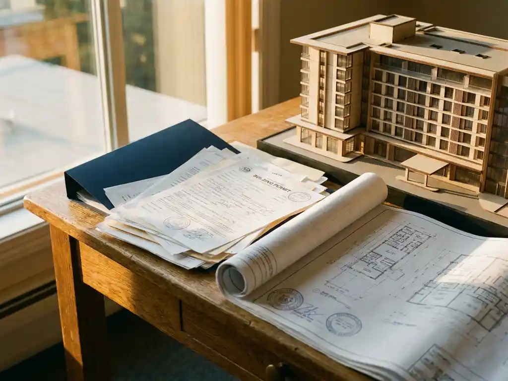 Bouwvergunningsdocumenten en architectuurplattegronden op een eiken bureau, naast een schaalmodel van een modern hotel in warm middaglicht.